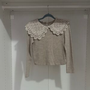 Beige Long Sleeve Top with Lace Collar